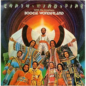 Pochette du maxi 45 tours Boogie Wonderland d’Earth Wind and Fire aux graphismes cosmiques et colorés