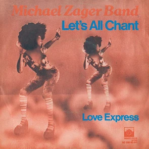 Pochette du vinyle Let’s All Chant du Michael Zager Band avec une typographie disco sur fond de silhouettes dansantes