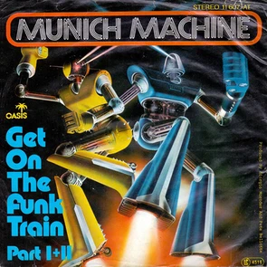 Pochette de l’album Get On The Funk Train de Munich Machine illustrant un train futuriste et lumineux