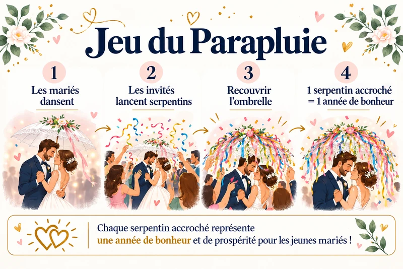 Infographie des règles du Jeu du Parapluie : les mariés dansent sous une ombrelle pendant que les invités lancent des serpentins